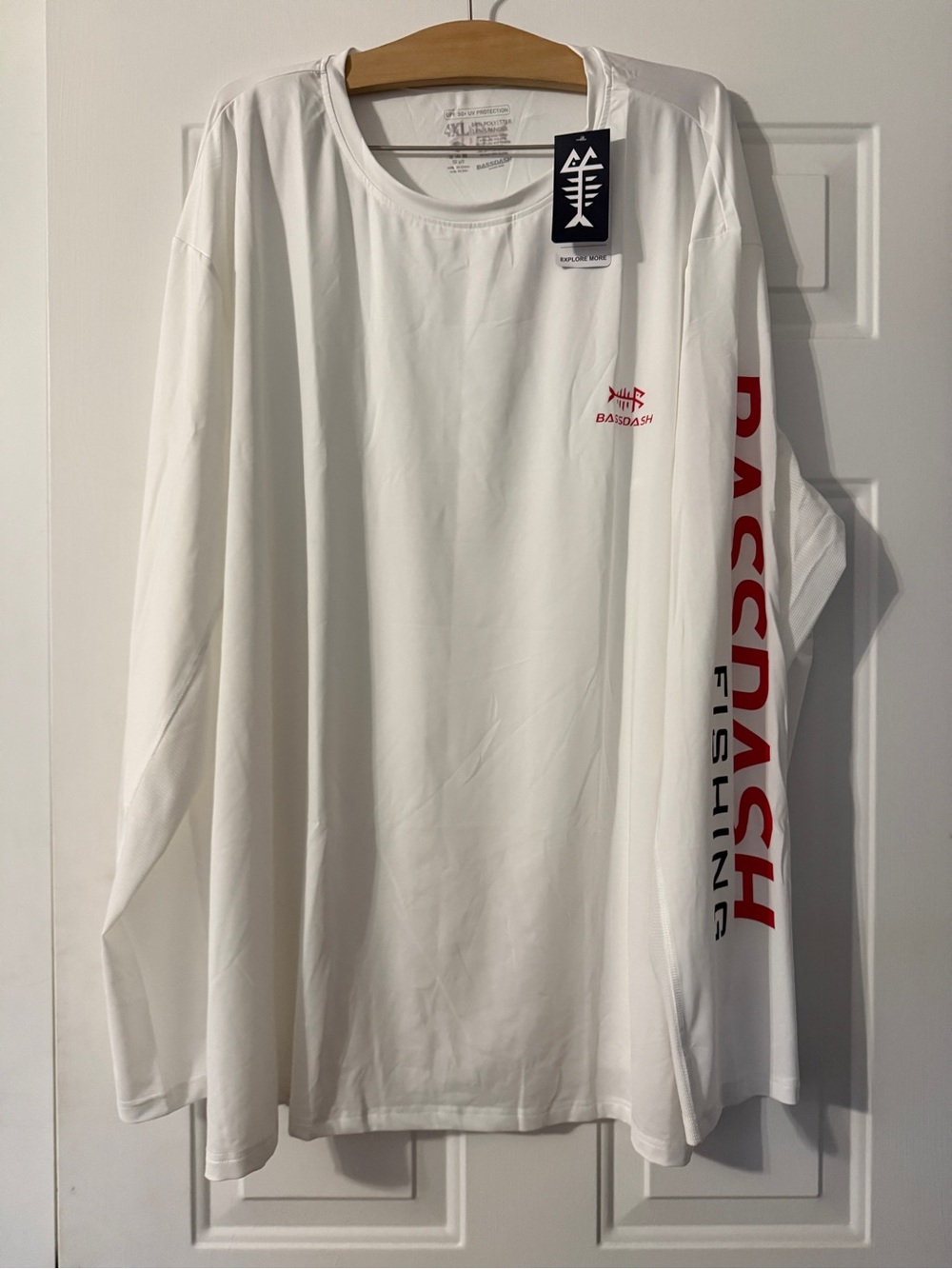 BASSDASH Long Sleeve Fishing Shirt SPF 50+ White Red Logo Mens 4XL NWT